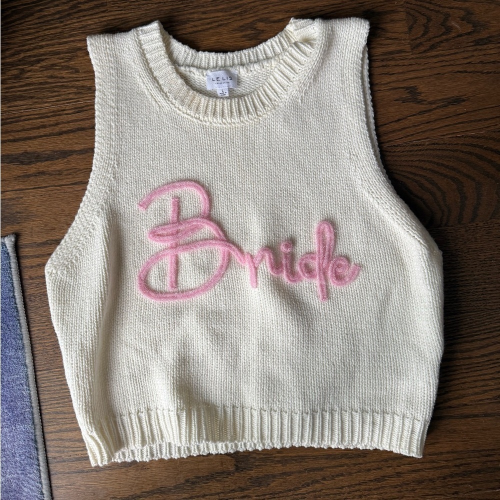 Lelis Collection Cream Knit Sleeveless Top with Pink Bride Embroidery